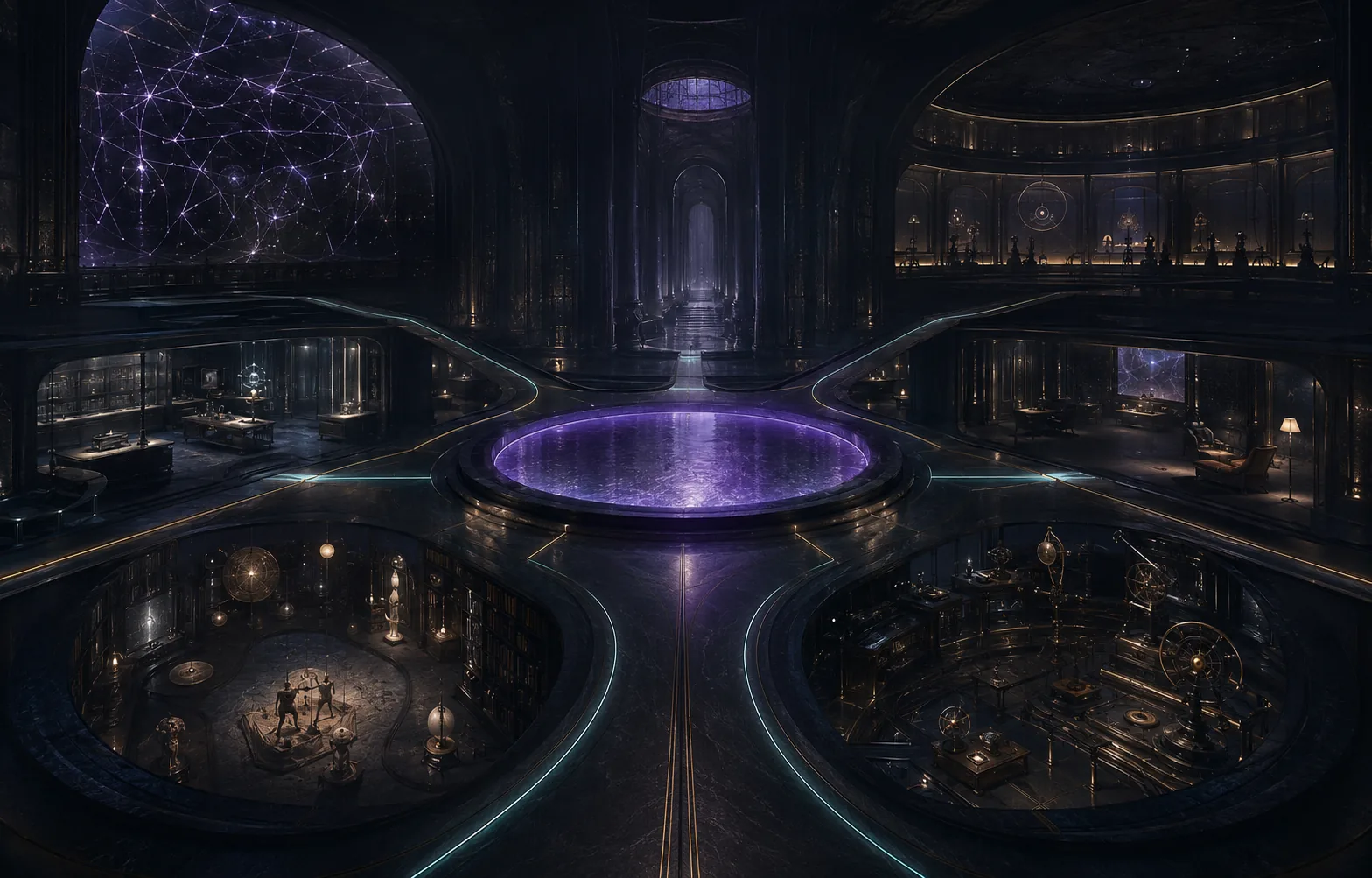 A violet mnemonic archive with six connected chambers around a reflective center
