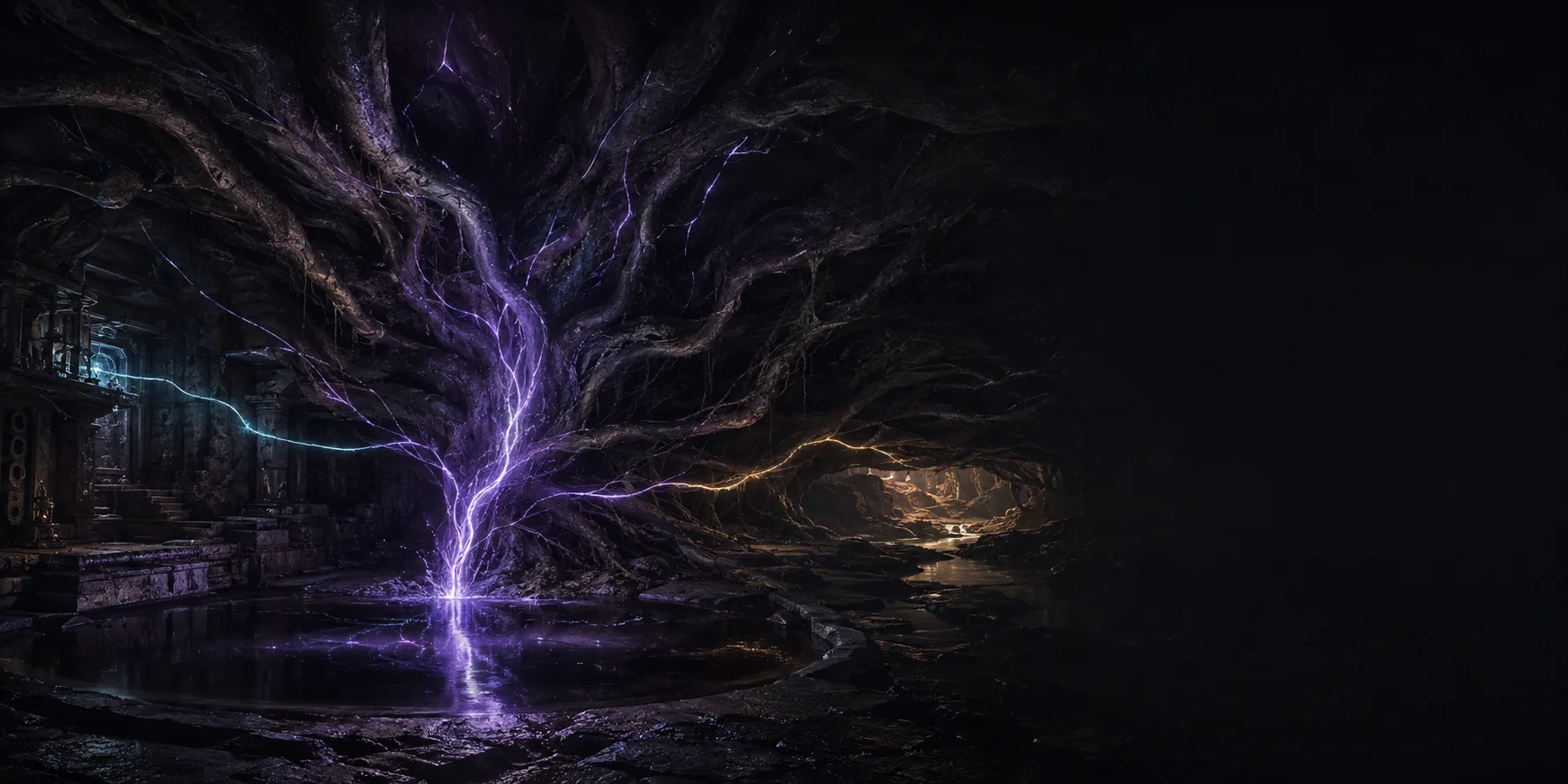 Violet currents beneath ancient roots connecting subtly to cyan and gold