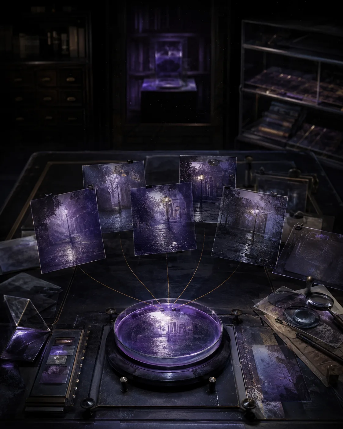 Conflicting recollection fragments converging through a violet reflective lens